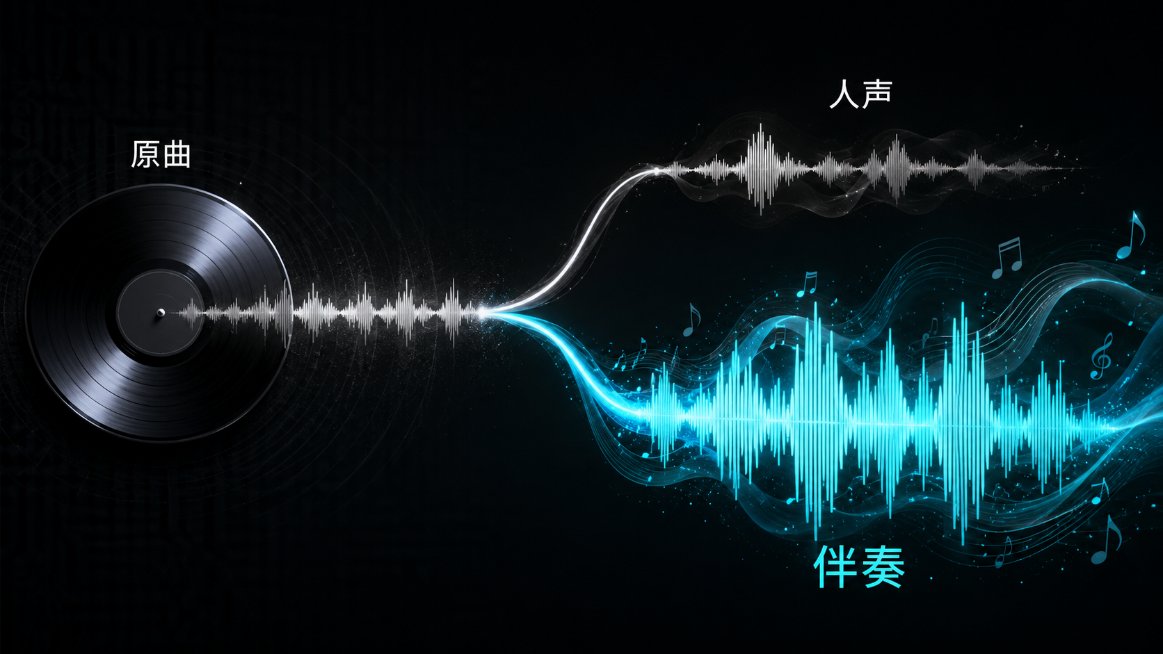 扒伴奏功能示意：将一首原曲分离成独立人声与伴奏，青色波形代表提取的伴奏。